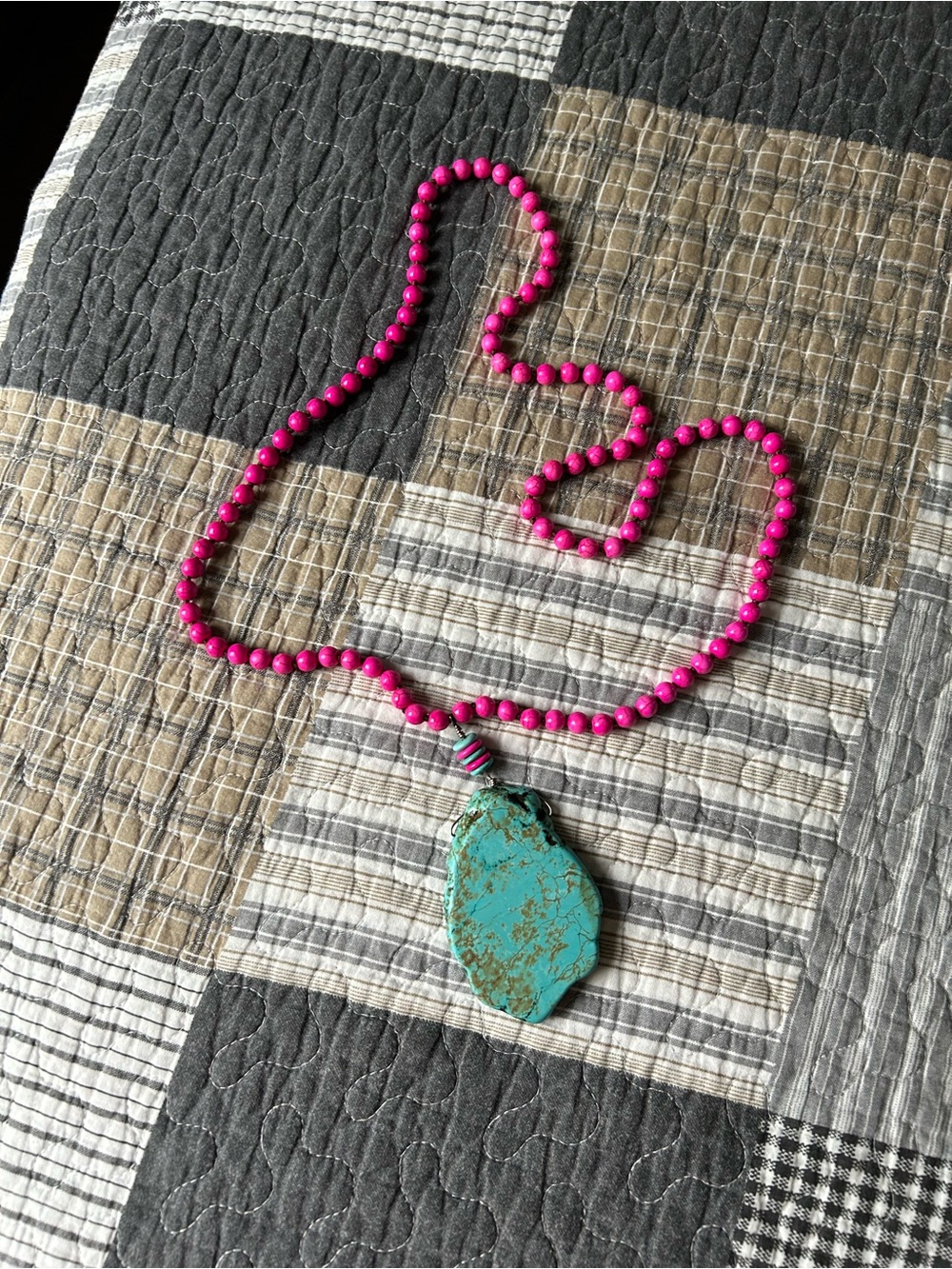 Pink Beaded Necklace with Turquoise Pendant